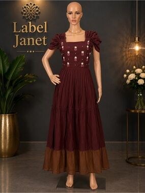 Brand New Brown Embroidered Tiered Maxi Dress,Bust - M up to L,L up to XL
